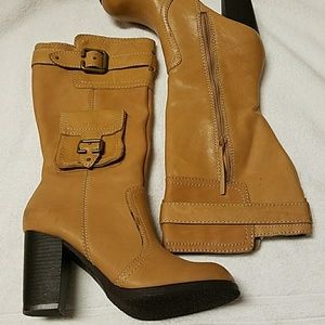New tan leather thick heel boot